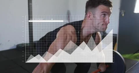 Image of data processing and diagrams over caucasian man lifting weight bar at Stock Photos