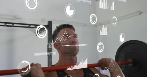 Image of data processing and diagrams over caucasian man lifting weight bar at Foto stock