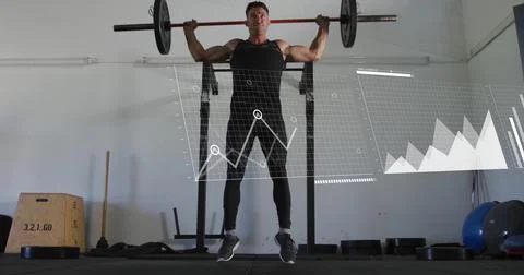 Image of data processing and diagrams over caucasian man lifting weight bar at Stock Photos