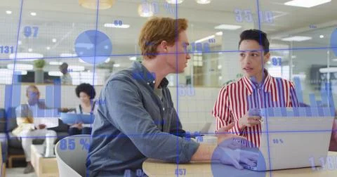 Image of data processing and diagrams over caucasian colleagues discussing work Stock Photos