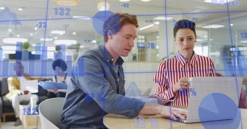 Image of data processing and diagrams over caucasian colleagues discussing work Stockfoto's