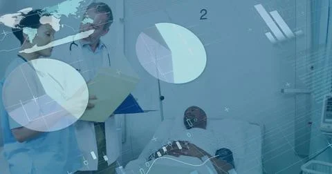 Image of data processing and diagrams over diverse doctors with patient in Foto stock