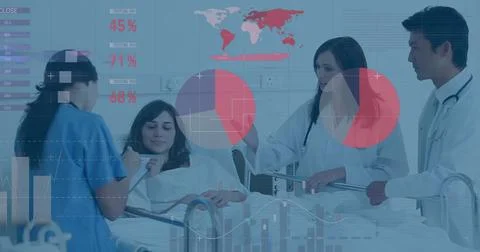 Image of data processing and diagrams over diverse doctors with patient talking Foto stock
