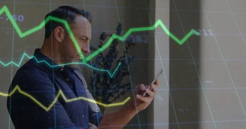 Image of data processing and diagrams over caucasian man using smartphone Stock Photos