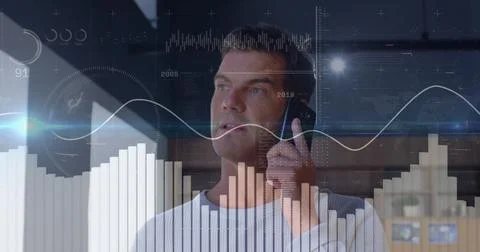 Image of data processing and diagrams over caucasian man talking on smartphone Stock Photos