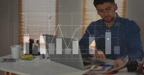 Image of data processing and diagrams over biracial man using laptop 스톡 사진