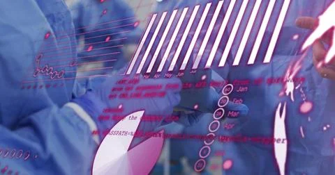 Image of data processing and diagrams over diverse surgeons in operating room Stock Photos