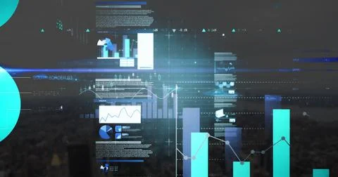 Image of data processing and diagrams over cityscape Foto stock