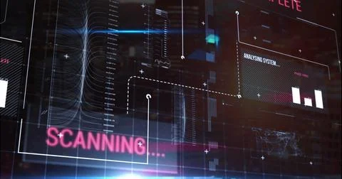 Image of data processing and diagrams over black background Foto stock