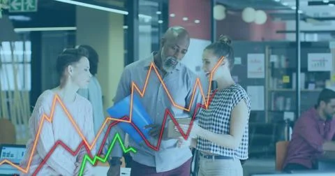 Image of data processing and diagrams over diverse colleagues discussing work Stockfoto's