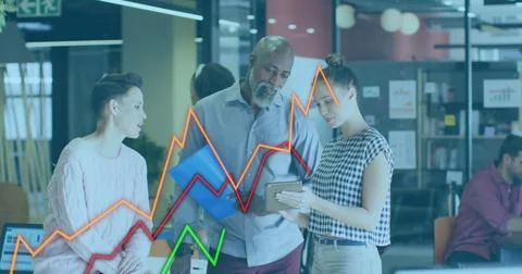 Image of data processing and diagrams over diverse colleagues discussing work Stockfoto's