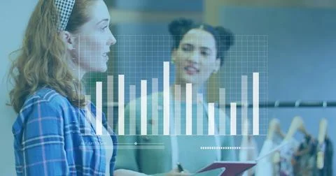 Image of data processing and diagrams over diverse colleagues discussing work Stock Photos