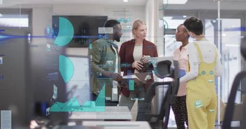Image of data processing and diagrams over diverse colleagues talking in office Stockfoto's