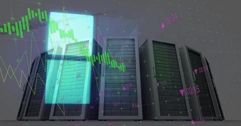 Image of data processing and diagrams over servers Stock Photos