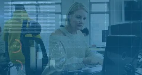 Image of data processing and diagrams over caucasian woman using computer in Stock Photos