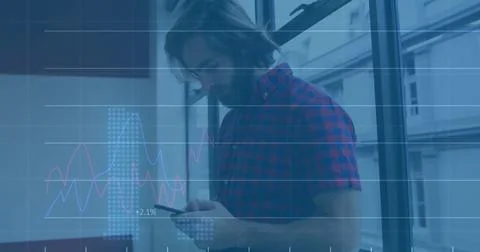 Image of data processing and diagrams over caucasian man using smartphone Stock Photos