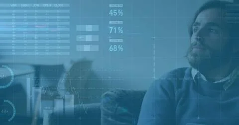 Image of data processing and diagrams over caucasian man thinking Foto stock