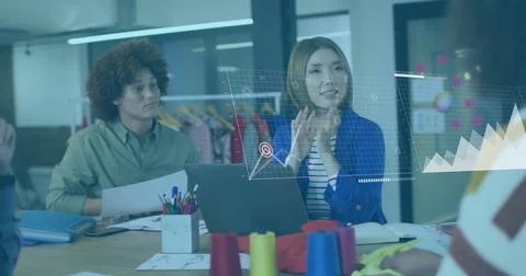 Image of data processing and diagrams over diverse colleagues discussing work 写真素材