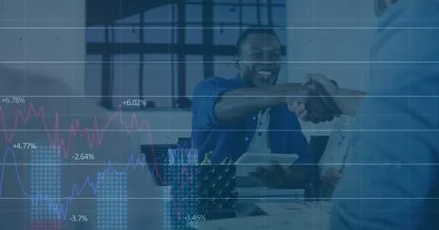 Image of data processing and diagrams over diverse business people shaking hands Stock Photos