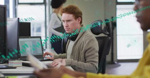 Image of data processing and diagrams over diverse colleagues using computer in Foto stock