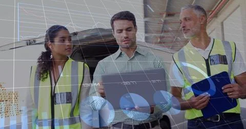 Image of data processing and diagrams over diverse colleagues using tablet at Foto stock