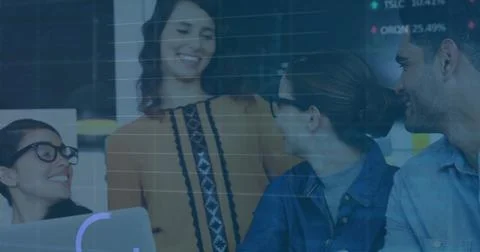 Image of data processing and diagrams over diverse colleagues smiling in office Stockfoto's