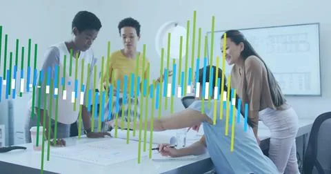 Image of data processing and diagrams over diverse colleagues discussing work in Stock Photos