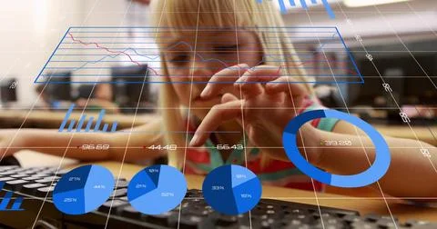 Image of data processing and diagrams over caucasian girl using computer Foto stock