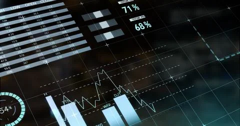 Image of data processing and diagrams over black background Stock Photos