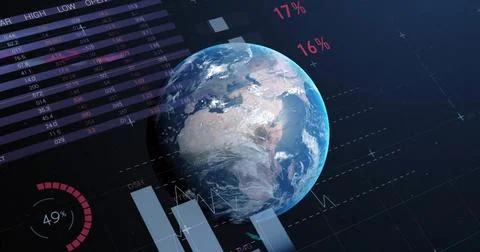 Image of data processing and diagrams over globe Stockfoto's