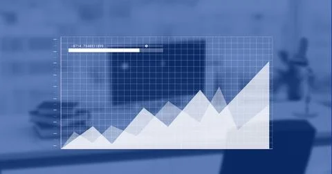 Image of data processing and diagrams over empty office Stock Photos