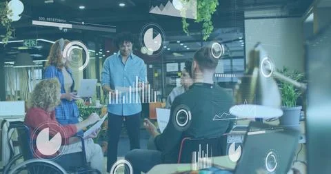 Image of data processing and diagrams over disabled and diverse colleagues Stock Photos
