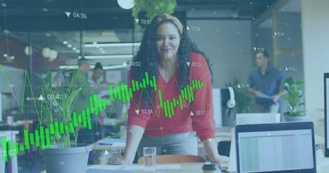Image of data processing and diagrams over diverse colleagues discussing work in Stock Photos