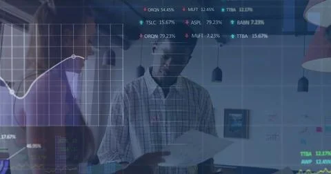 Image of data processing and diagrams over diverse colleagues discussing work in Stock Photos