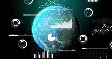 Image of data processing and diagrams over globe Foto stock