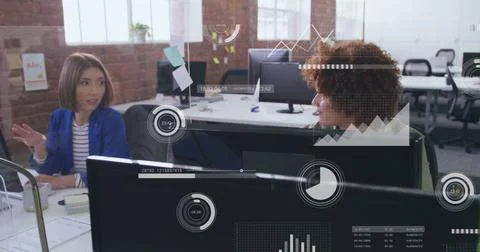 Image of data processing and diagrams over diverse female colleagues discussing Stock Photos