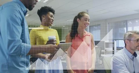 Image of data processing and diagrams over diverse colleagues discussing work in Stock Photos
