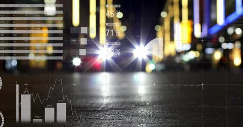 Image of data processing and diagrams over cityscape 写真素材