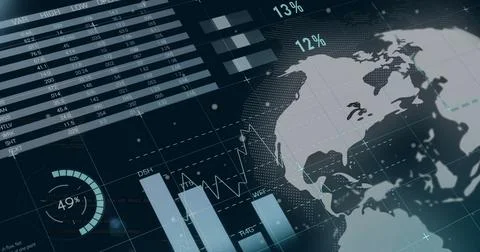 Image of data processing and diagrams over globe on black background 스톡 사진