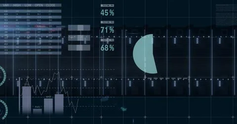 Image of data processing and diagrams over world map on black background 写真素材