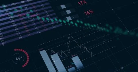 Image of data processing and diagrams over world map on black background Stockfoto's