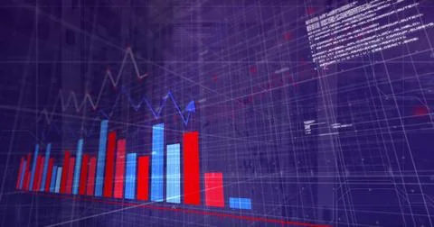 Image of data processing and diagrams over cityscape Stock Photos