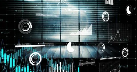 Image of data processing and diagrams over media icons Stockfoto's