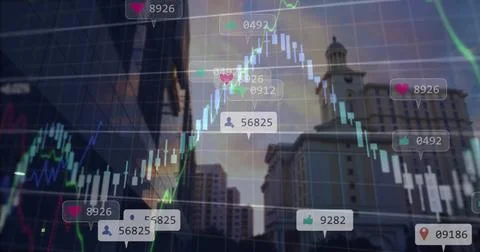 Image of data processing and diagrams over media icons and cityscape 스톡 사진