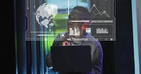 Image of data processing and diagrams over biracial male worker using laptop in 스톡 사진