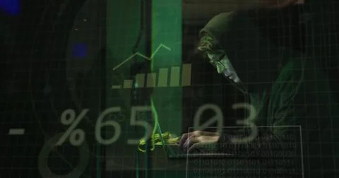 Image of data processing and diagrams over asian male hacker in server room 写真素材