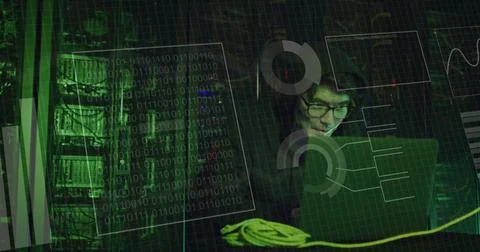 Image of data processing and diagrams over asian male hacker in server room Stock Photos