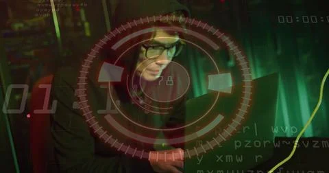 Image of data processing and diagrams over asian male hacker in server room 写真素材