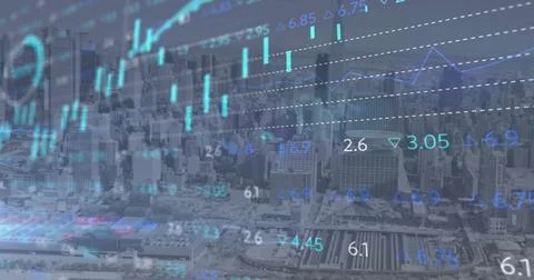 Image of data processing and diagrams over cityscape Foto stock