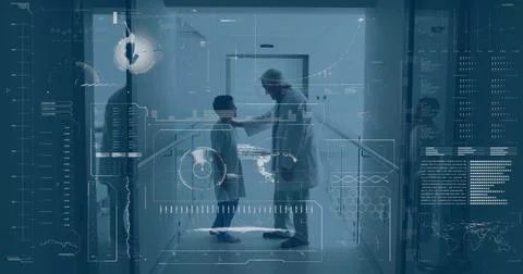 Image of data processing and diagrams over caucasian male doctor with young Stock Photos
